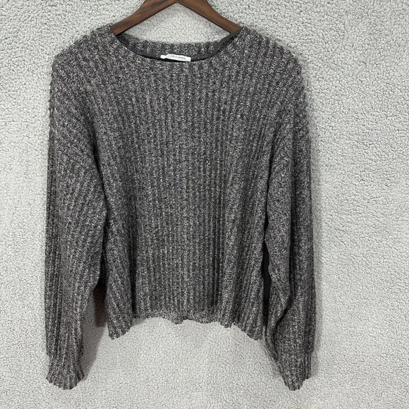 Zara trafaluc sweater womens medium gray balloon sleeve ribbed knit oversized - Picture 1 of 6